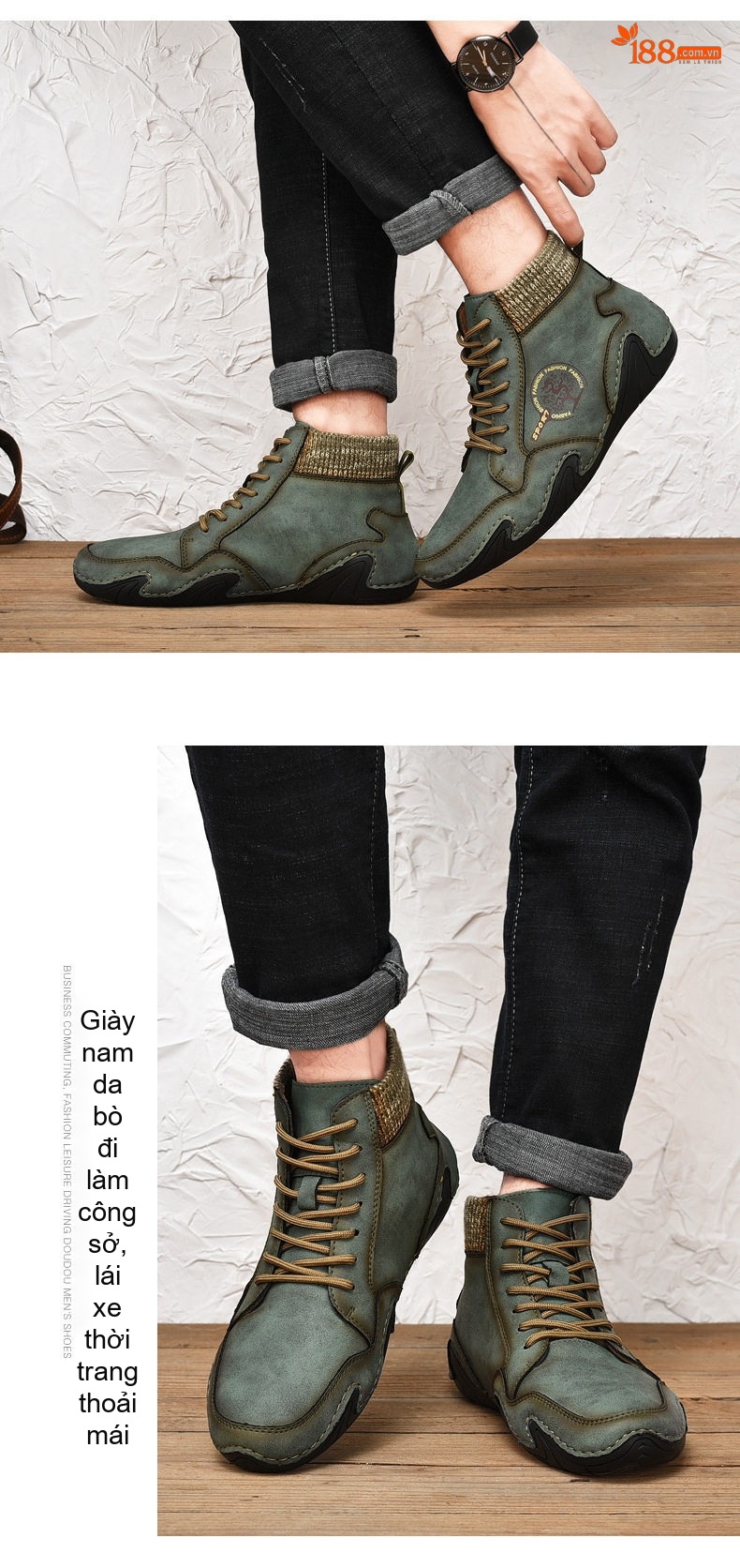 Giày Boot Martin Nam Cổ Lửng Da Mờ Chiều Cao Đế Khoảng 3cm Màu Xanh, Nâu chi tiết 18