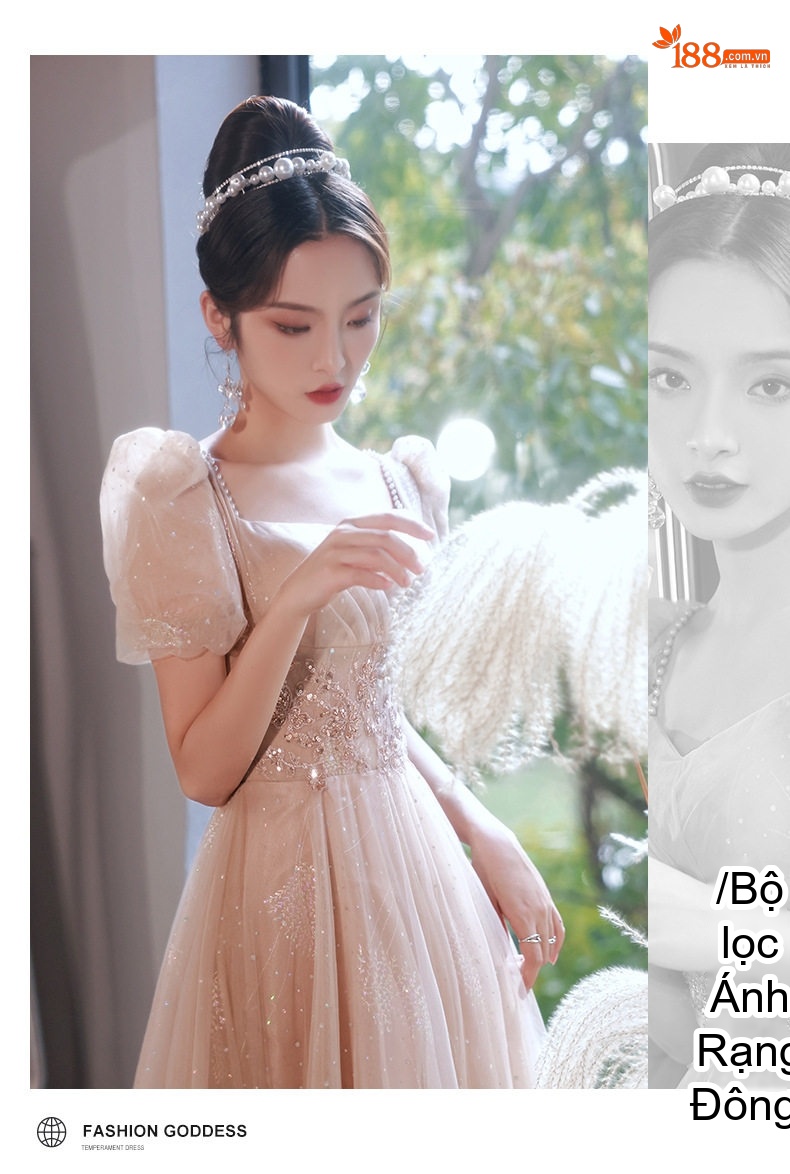 Váy Dạ Hội Dáng Dài Tay Bồng Sang Trọng Màu Champagne chi tiết 12