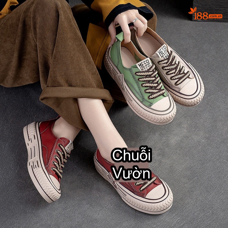 Giày Sneaker Nữ Cổ Thấp Da Bò Buộc Dây Chiều Cao Đế Khoảng 3cm Màu Đỏ, Xanh Lá, Kem...