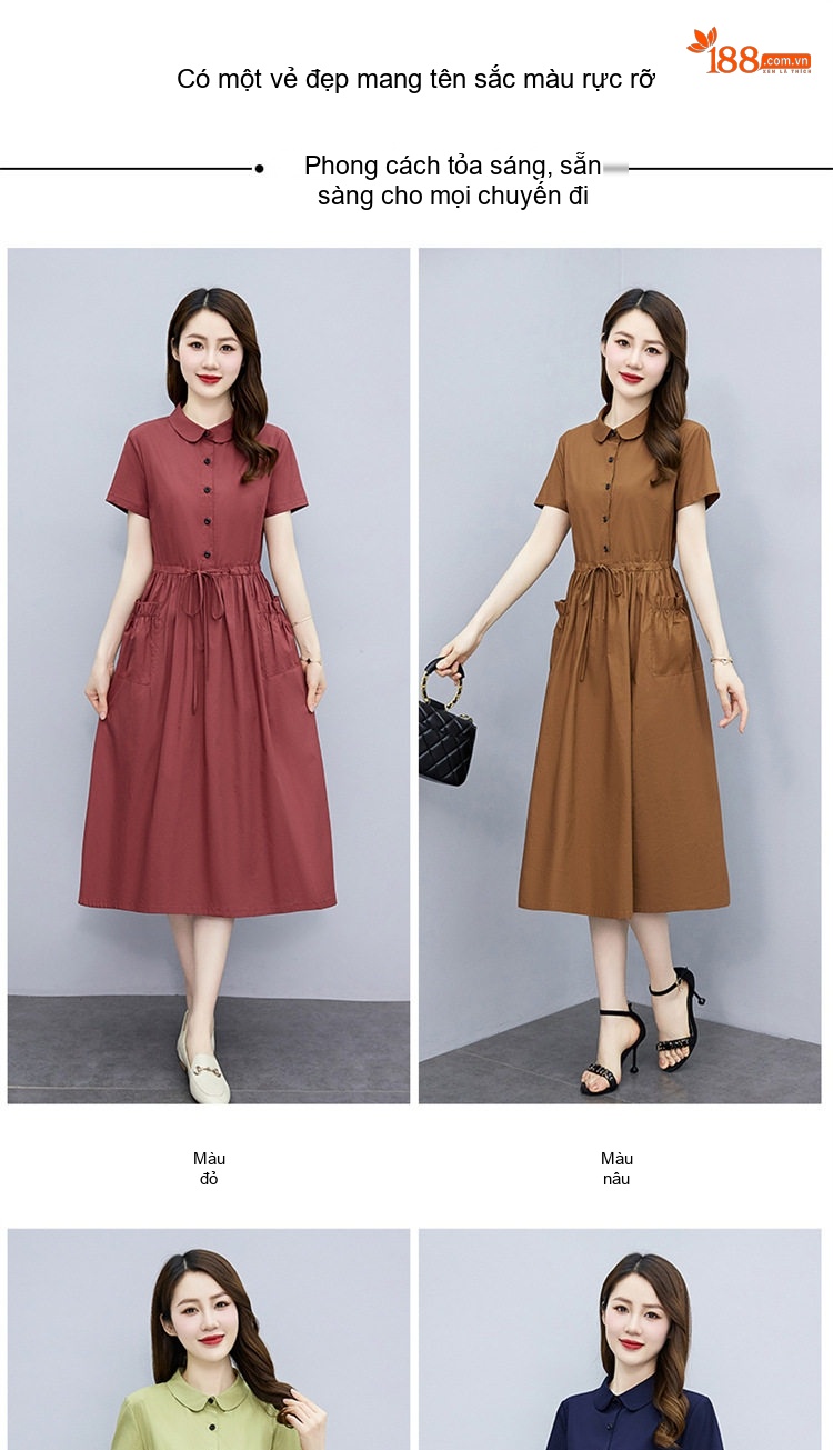 Váy Polo Nữ dáng chữ A Chiết Eo Thanh Lịch Màu Đỏ, Nâu, Xanh Navy, Xanh Lá chi tiết 10