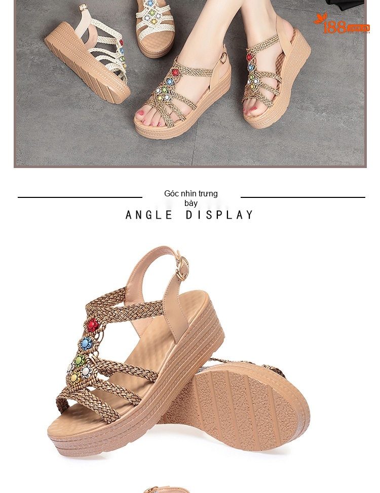 Dép Sandal Nữ Quai Dệt Bện Đính Hoa Đế Mềm Thoải Mái Đế Cao 5cm - 6cm Màu Kem chi tiết 12