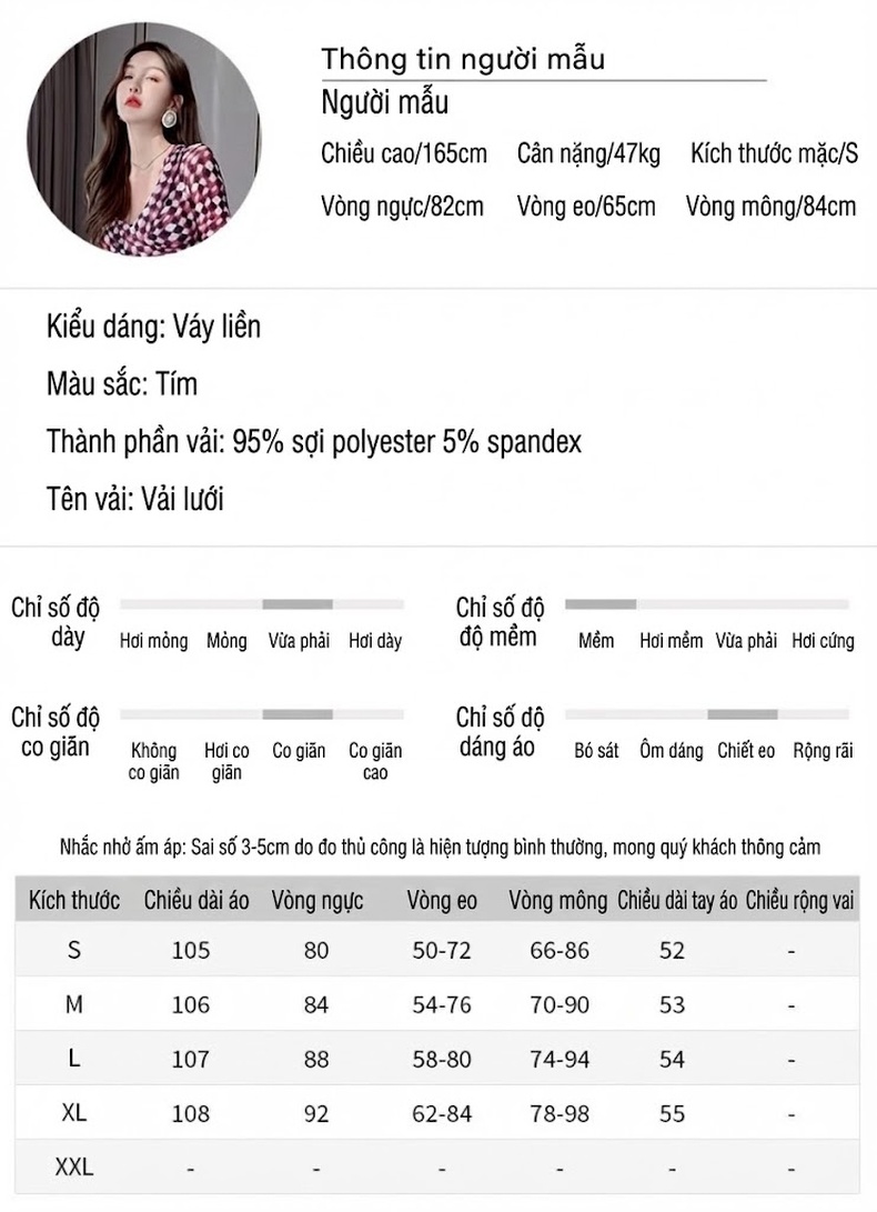 Váy Ôm Body Nữ Cổ Chữ V Họa Tiết Kẻ Caro Dáng Đuôi Cá Dài Tay Màu Đỏ, Đen, Trắng chi tiết 3