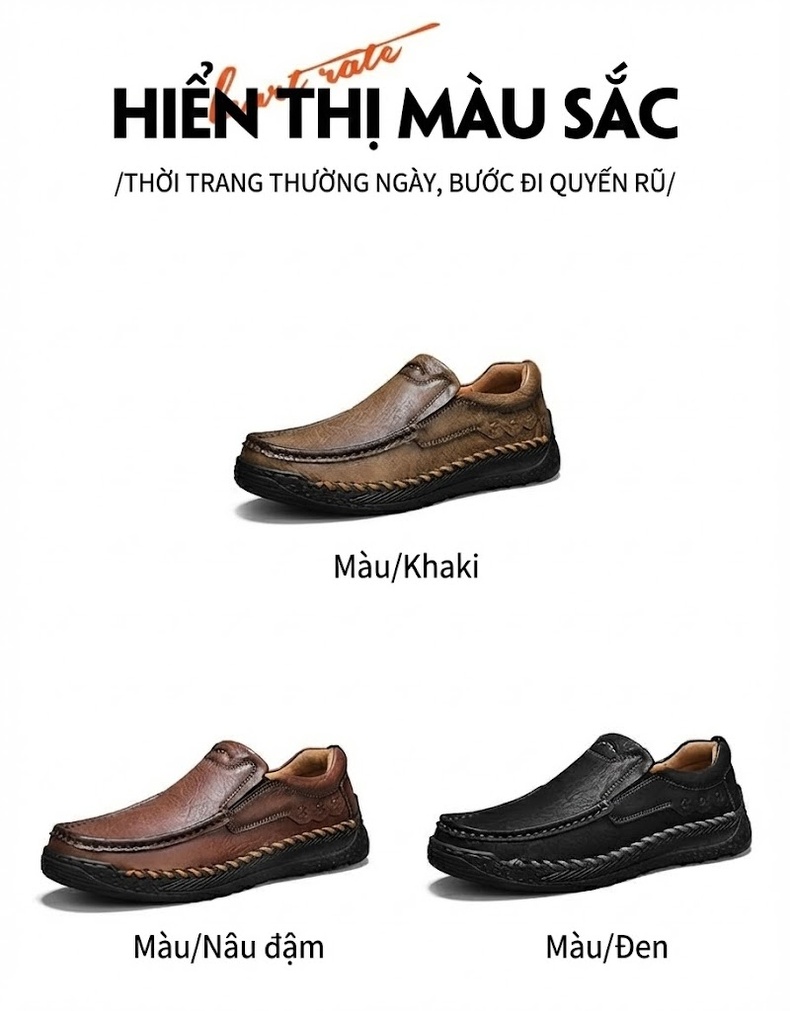 Giày Lười Nam Da Thật Size Lớn Thoải Mái Ngoài Trời Chiều Cao Đế Khoảng 3cm Màu Nâu, Đen chi tiết 4