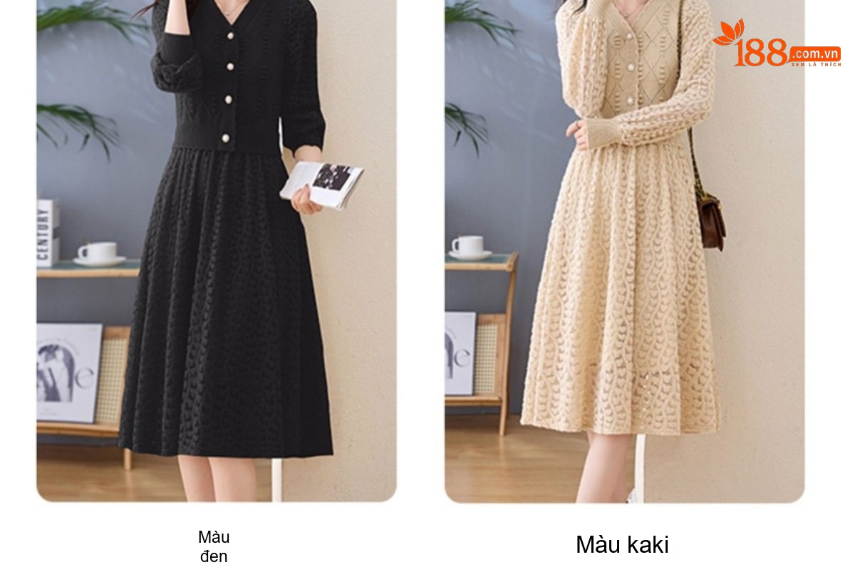 Váy Dệt Kim Nữ Tay Dài Dáng Xòe Họa Tiết Lỗ Màu Be, Hồng, Đen chi tiết 9