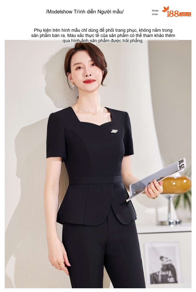 Bộ Vest Công Sở Nữ Tay Ngắn Quần/Chân Váy Áo Peplum Màu Đen, Xanh Navy chi tiết 14