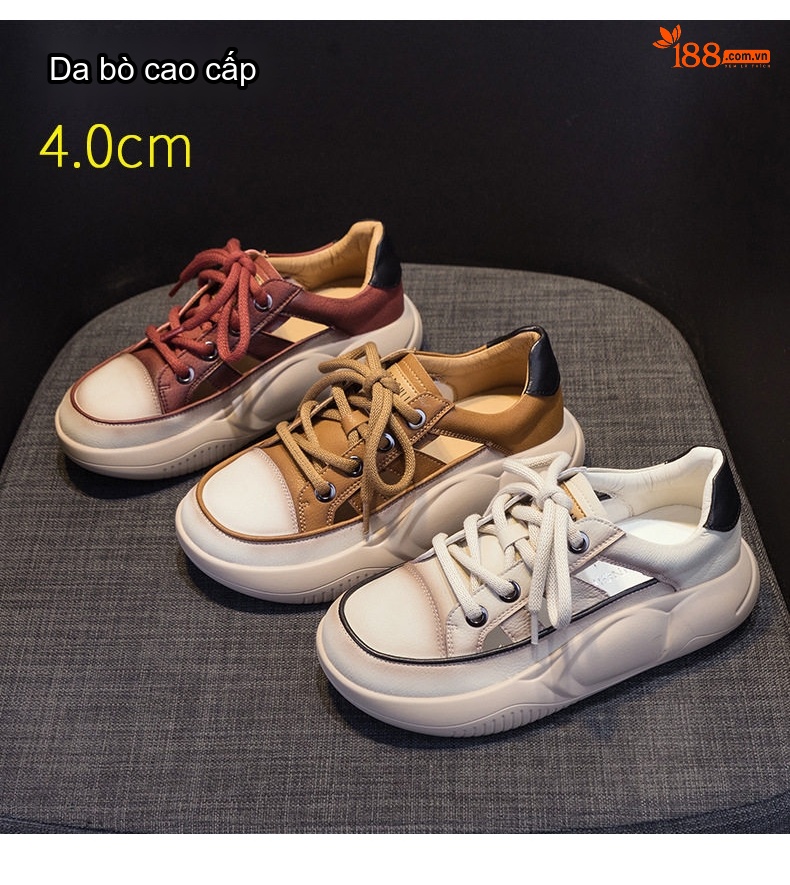 Giày Thể Thao Nữ Da Thật Tăng Chiều Cao 4cm Mềm Mại Thoáng Khí Màu Kem, Đỏ, Nâu chi tiết 3
