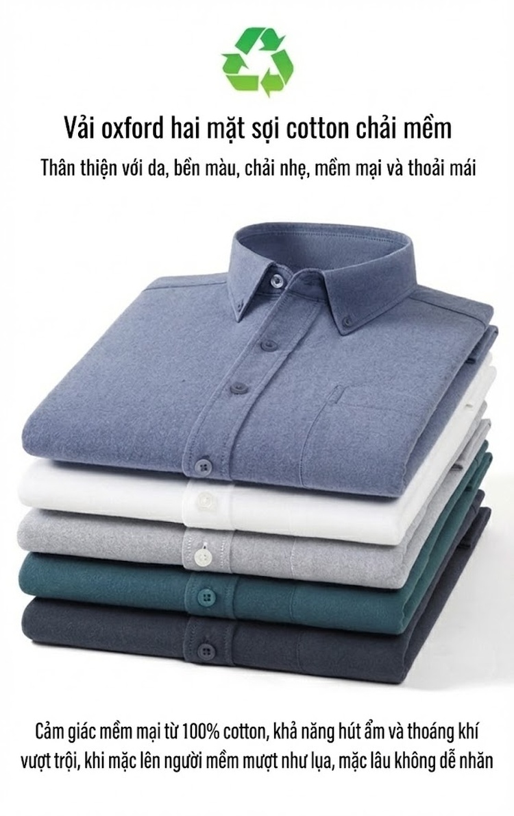Áo Sơ Mi Tay Dài Nam Cotton Oxford Dáng Ôm Màu Trắng, Xanh Dương, Xám, Xanh Lá... chi tiết 13