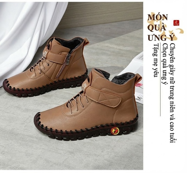 Giày Cao Cổ Nữ Lót Lông Giữ Ấm Chiều Cao Đế Khoảng 3cm Màu Kem, Đen, Đỏ, Nâu chi tiết 24