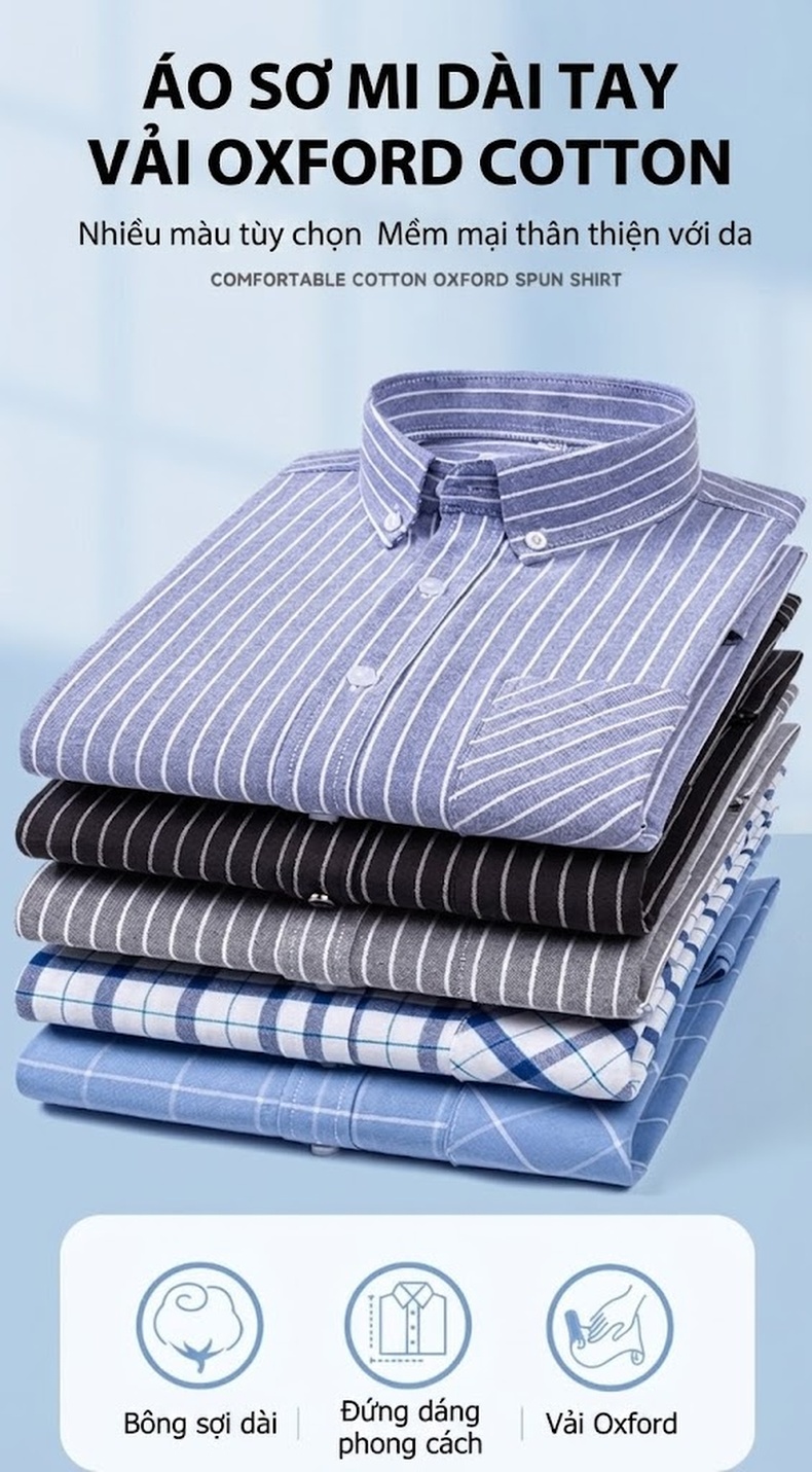 Áo Sơ Mi Nam Tay Dài Oxford Cotton Thoáng Khí Họa Tiết Kẻ Sọc Lớn Màu Xanh Dương, Đen, Trắng, Xám... chi tiết 6