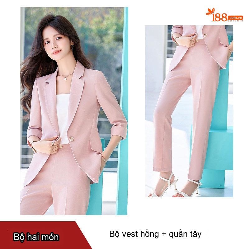 Bộ Vest Công Sở Nữ Tay Lỡ Quần Dài Phong Cách Hàn Quốc Màu Xanh, Hồng, Kaki