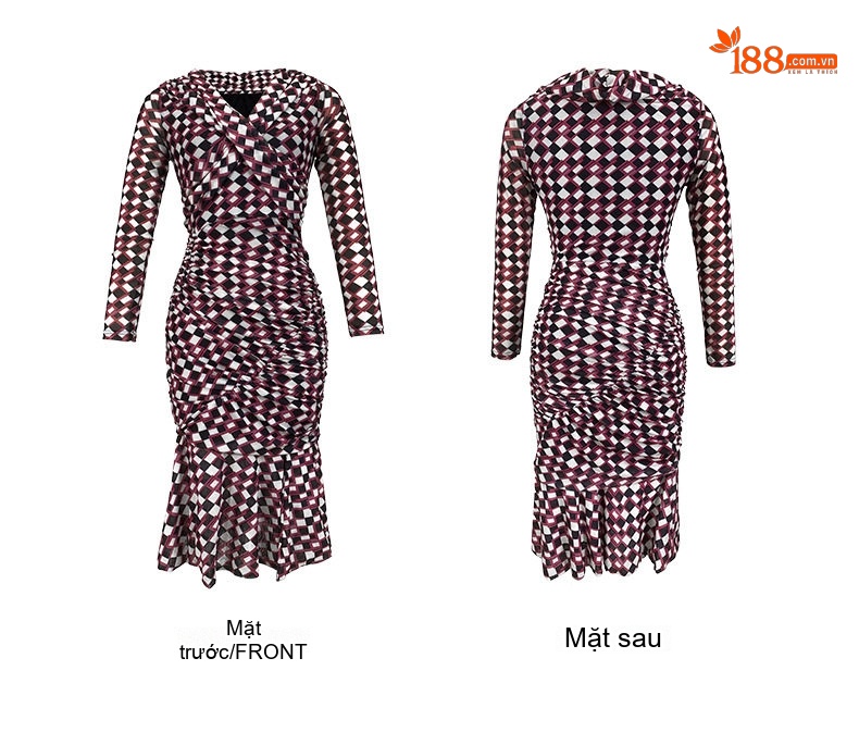 Váy Ôm Body Nữ Cổ Chữ V Họa Tiết Kẻ Caro Dáng Đuôi Cá Dài Tay Màu Đỏ, Đen, Trắng chi tiết 7