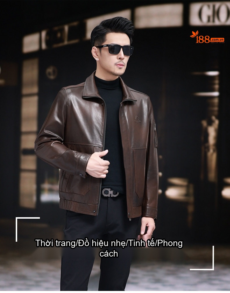 Áo Khoác Da Thật Nam Hải Ninh Dáng Ôm Cổ Bẻ Màu Nâu chi tiết 1
