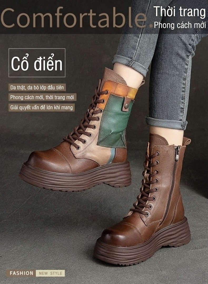 Boot Nữ Cổ Cao Đế Dày Phong Cách Retro Chiều Cao Đế Khoảng 5cm Màu Nâu, Xám, Vàng, Xanh Lá... chi tiết 1