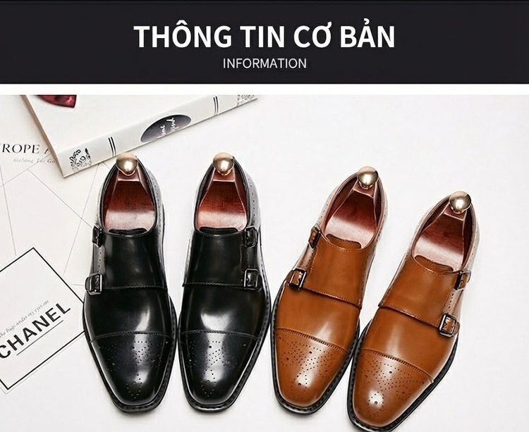 Giày Tây Monk Strap Nam Da Bóng Brogue Chiều Cao Đế Khoảng 3cm Màu Đen chi tiết 8