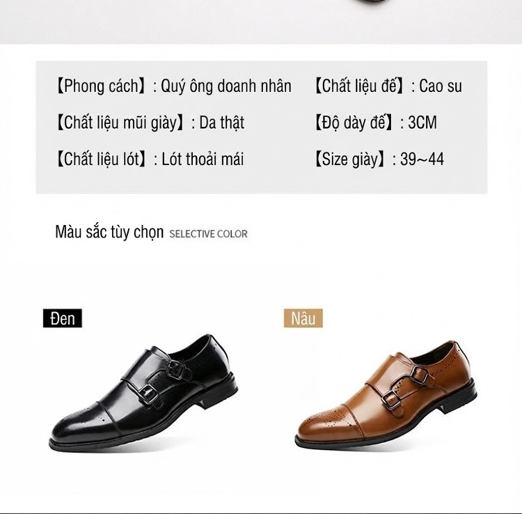 Giày Tây Monk Strap Nam Da Bóng Brogue Chiều Cao Đế Khoảng 3cm Màu Đen chi tiết 9