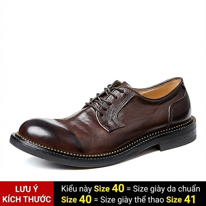 Giày Tây Buộc Dây Nam Da Bò Mũi Tròn Chiều Cao Đế Khoảng 3cm Màu Đen, Nâu, Xanh Lá