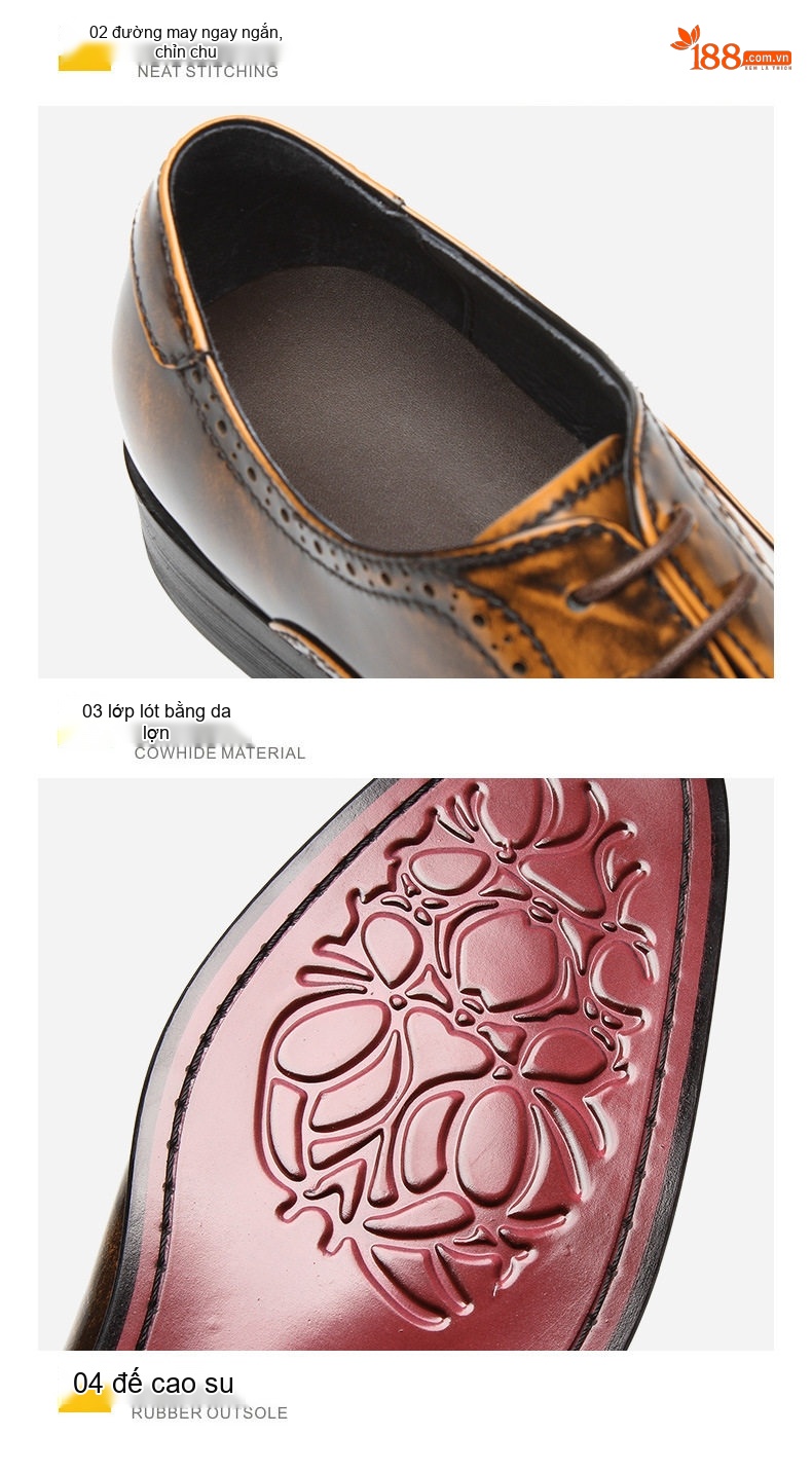 Giày Tây Buộc Dây Nam Da Bóng Brogue Chiều Cao Đế Khoảng 3cm Màu Nâu, Đen chi tiết 19