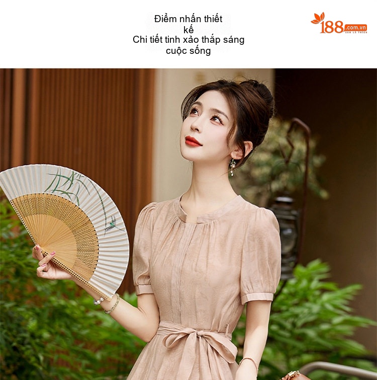 Váy liền thân Nữ Dáng Dài Cổ Điển Thắt Eo Tay Ngắn Họa Tiết Màu Xanh, Nâu chi tiết 5