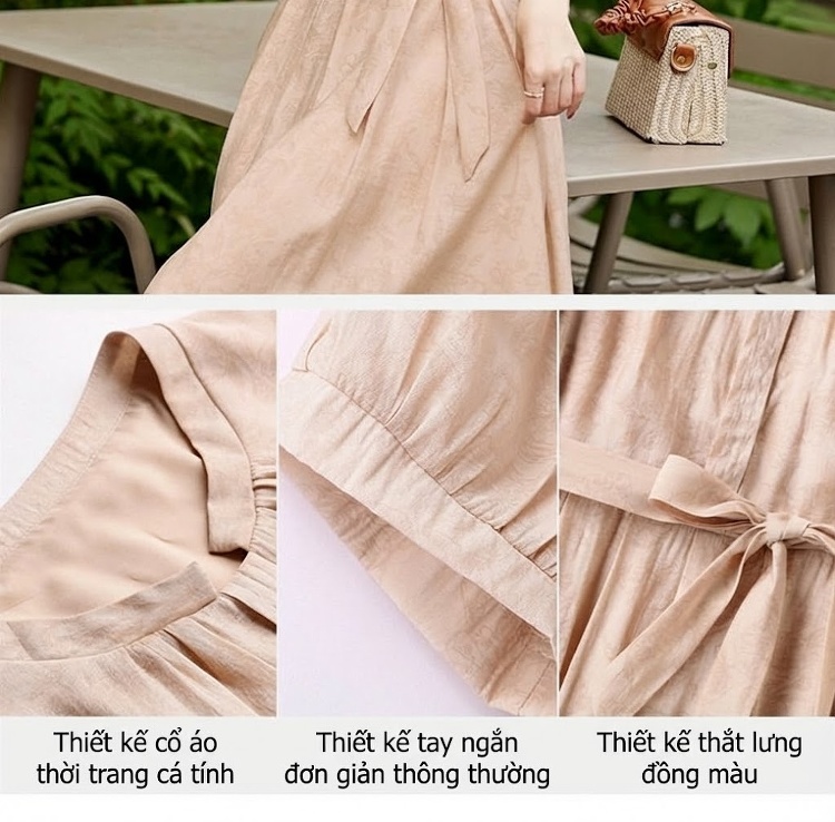 Váy liền thân Nữ Dáng Dài Cổ Điển Thắt Eo Tay Ngắn Họa Tiết Màu Xanh, Nâu chi tiết 6