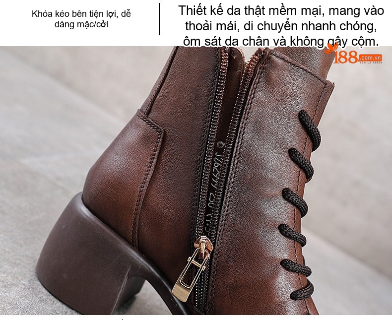 Boot Martin Nữ Da Bò Cổ Ngắn Gót Vuông Chiều Cao Đế Khoảng 5cm Màu Nâu, Đen chi tiết 8