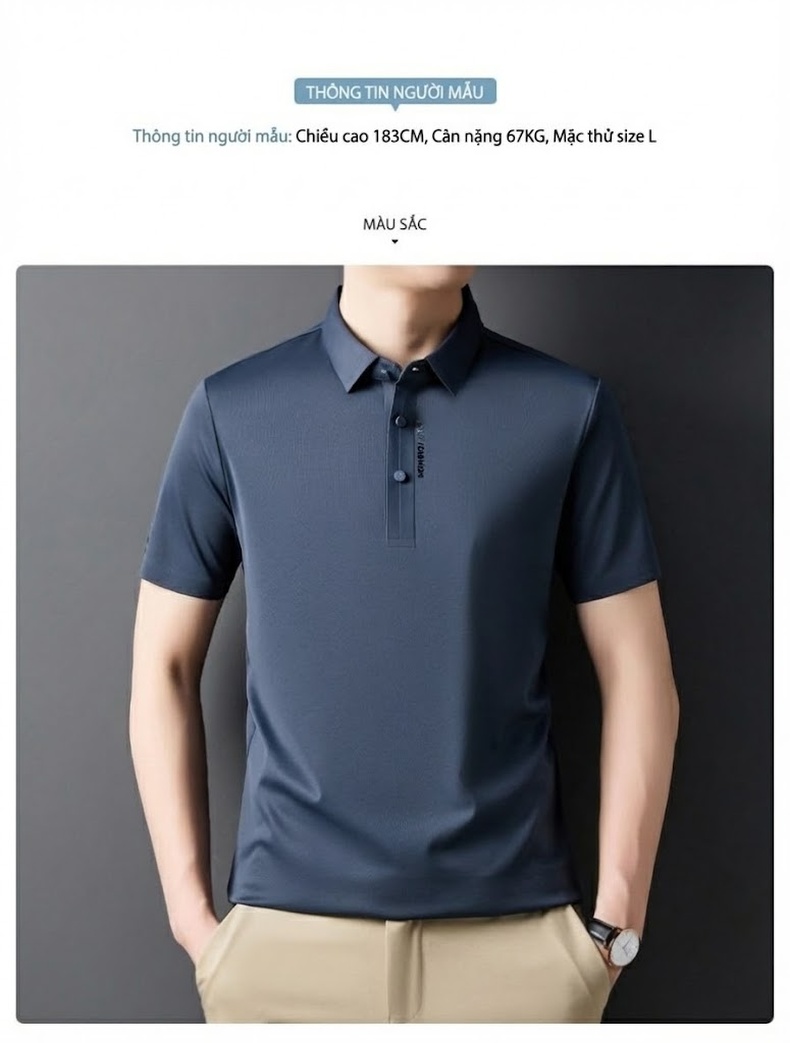 Áo Polo Nam Lụa Tằm Thượng Hạng Mát Lạnh Thời Trang Màu Xanh Navy, Trắng, Hồng, Xám chi tiết 11