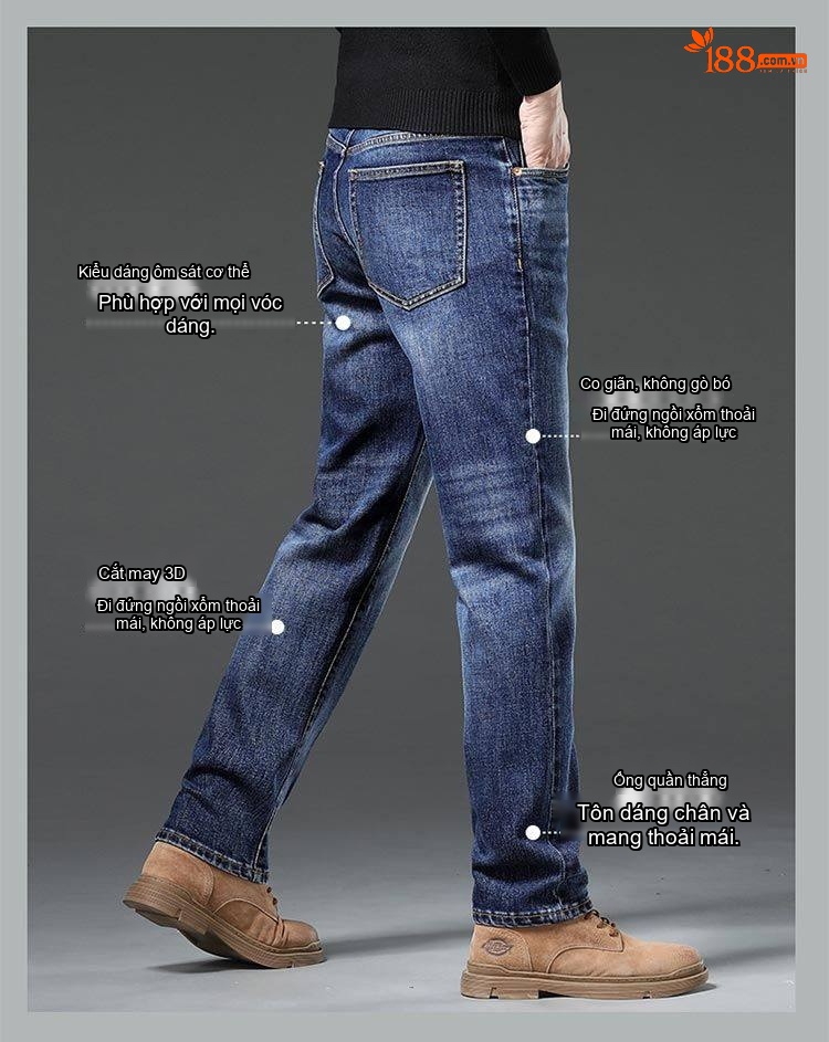Quần Jean Nam Ống Đứng Co Giãn Vừa Vặn Phong Cách Retro Màu Xanh Denim chi tiết 22