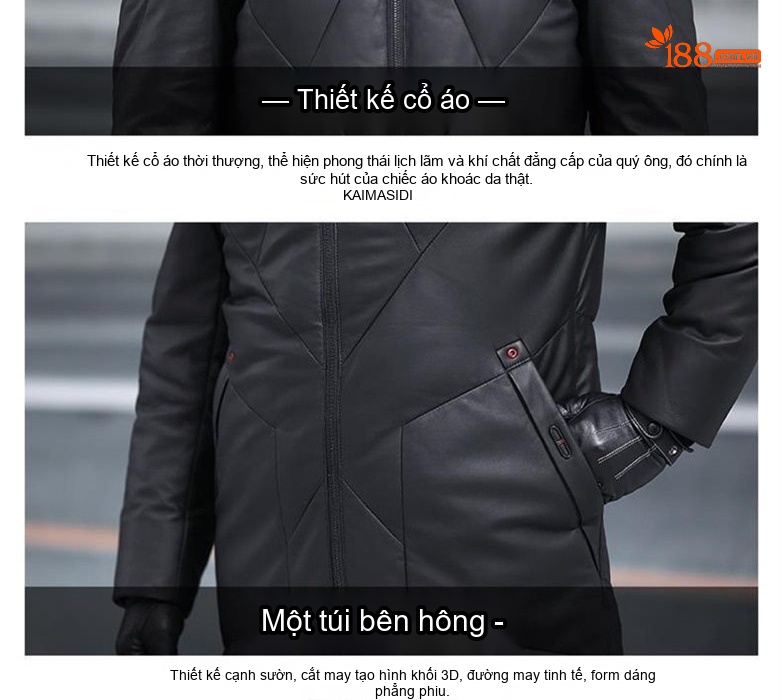 Áo Khoác Phao Da Cừu Nam Dáng Dài Có Cổ Đứng Màu Đen chi tiết 10