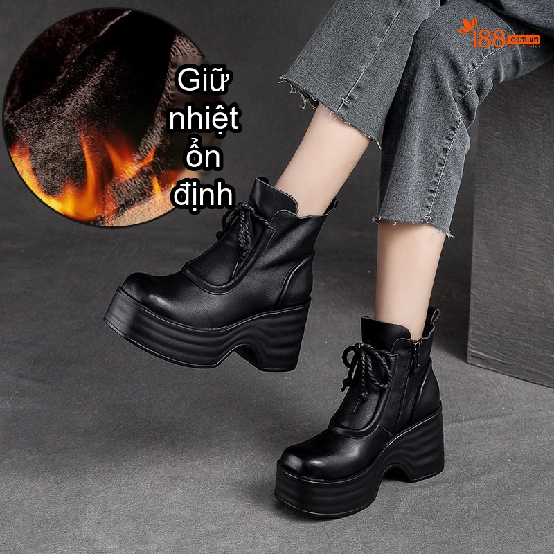 Boot Nữ Cổ Ngắn Da Bóng Lót Lông Chiều Cao Đế Khoảng 6cm Màu Đen, Nâu