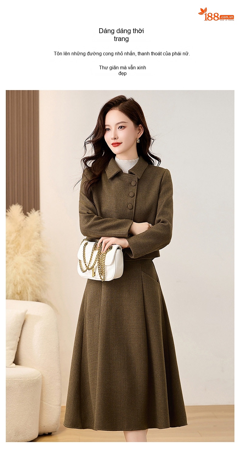 Set Áo Khoác Lửng Tay Dài Vải Flanel Chần Bông Và Chân Váy Midi Phong Cách Tiểu Thư Màu Nâu Đỏ, Xanh Rêu chi tiết 11