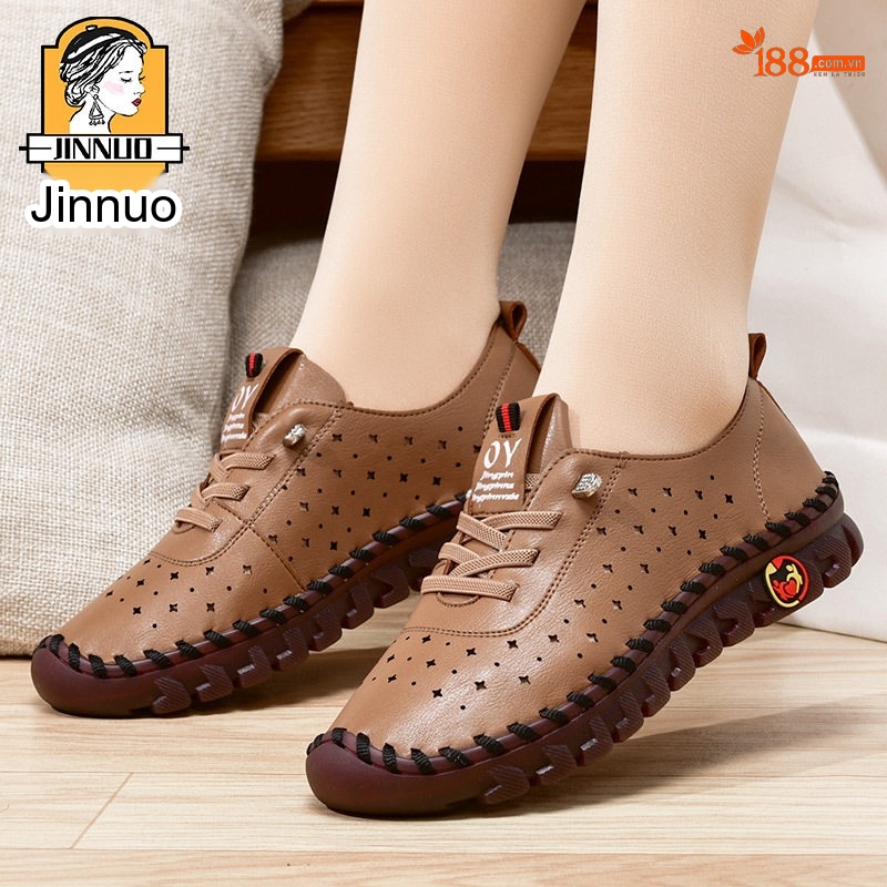 Giày Lười Mùa Hè Nữ Da Mềm Đục Lỗ Thoáng Khí Chiều Cao Đế Khoảng 3cm Màu Trắng, Đỏ, Đen, Nâu