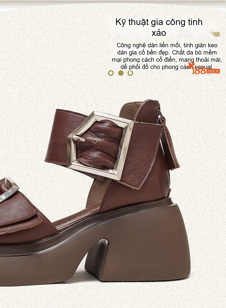Giày Sandal Cao Gót Nữ Đầu Cá Da Bò Khóa Lớn Gót Cao 8cm Màu Nâu, Trắng, Đen chi tiết 4