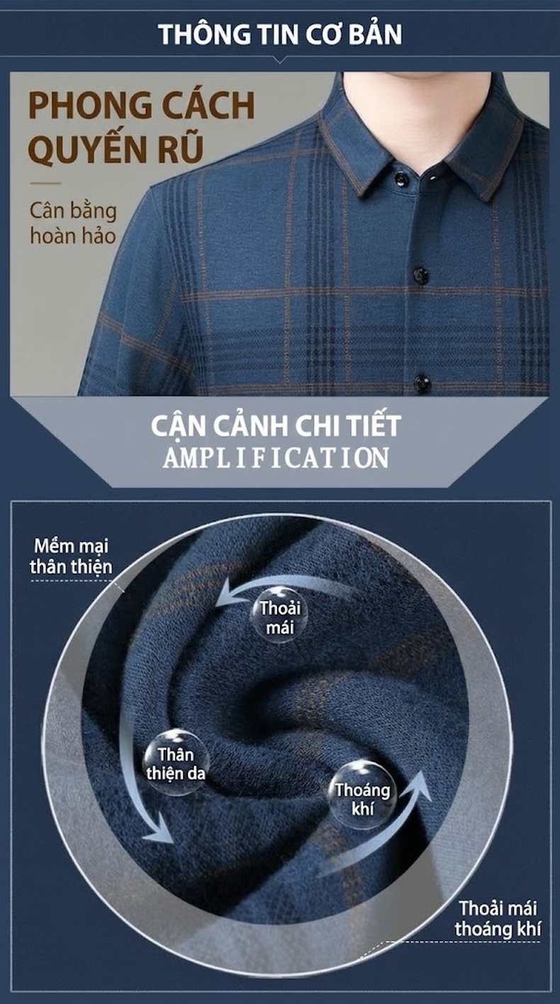 Áo Sơ Mi Nam Lông Cừu Dệt Kim Lót Lông Thú Dày Dặn Kẻ Caro Màu Xanh Navy, Đỏ chi tiết 1