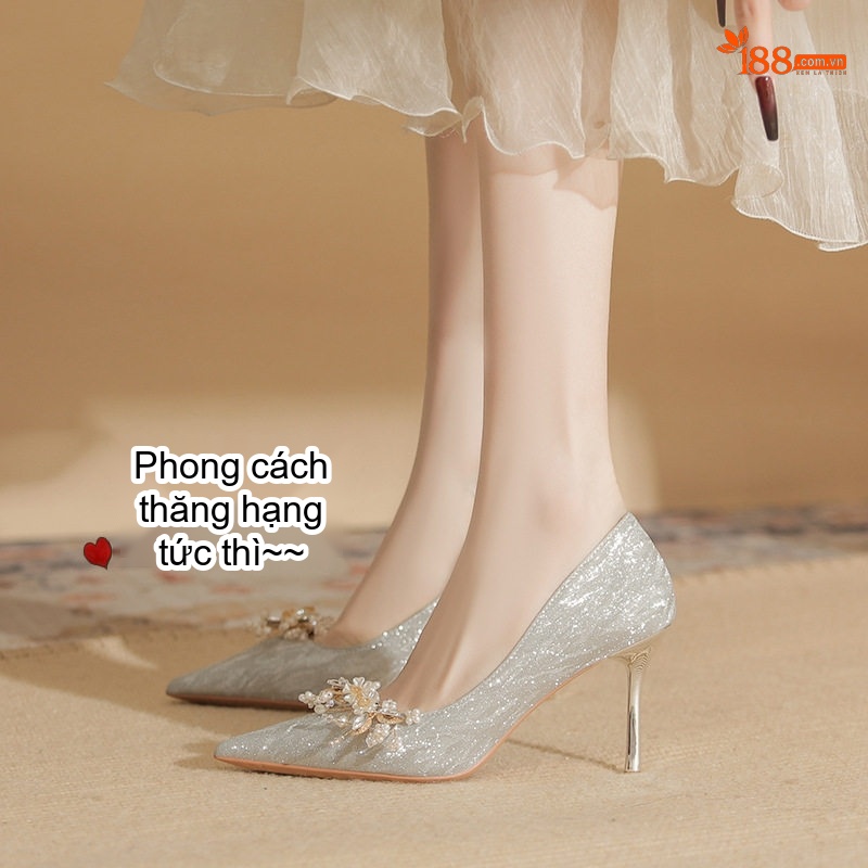 Giày Cao Gót Nữ Gót Nhọn Bít Mũi Da Bóng Chiều Cao Đế 8cm Màu Trắng