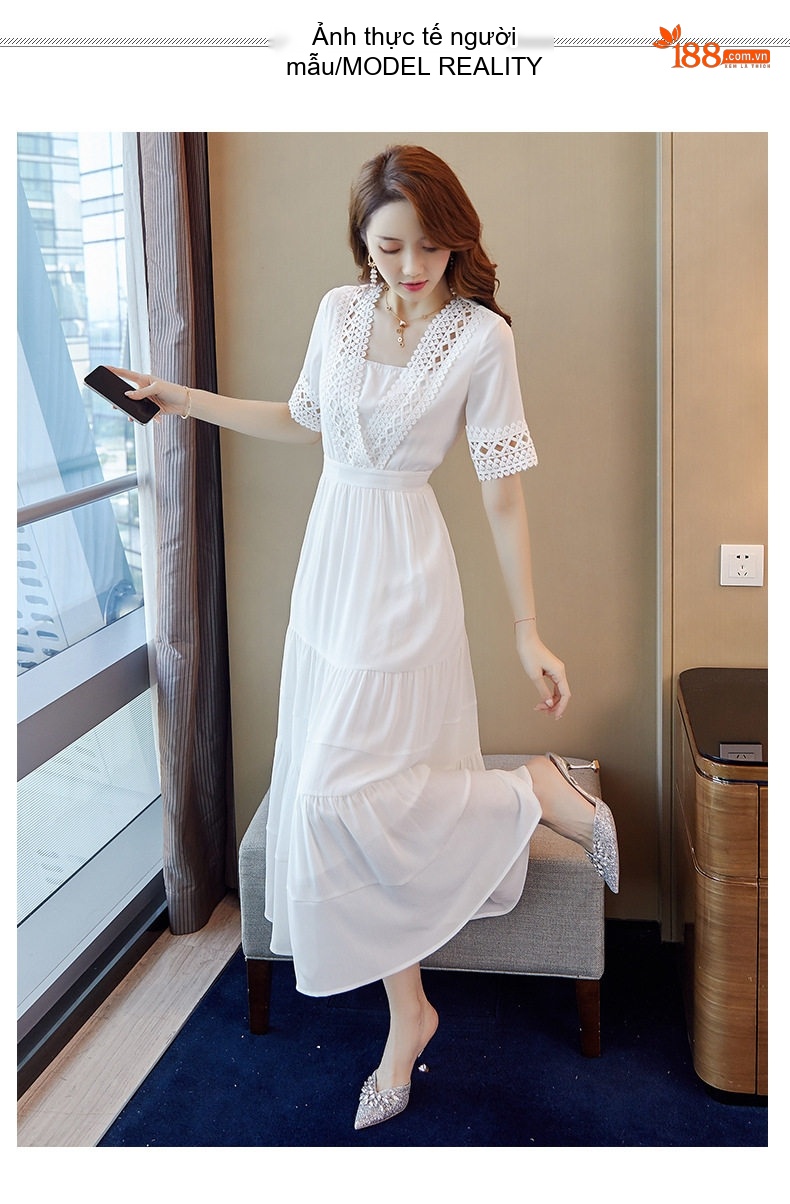 Váy Midi Nữ Xòe Nhẹ Cổ chữ Vuông Tay Lỡ Chất Liệu Voan Thích Hợp Đi Biển Màu Trắng, Xanh, Vàng chi tiết 5
