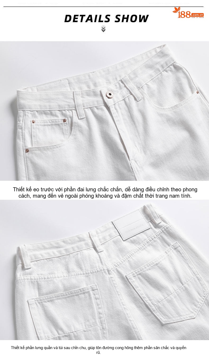Quần Jean Ống Rộng Nam Cotton Dáng Suông Màu Trắng chi tiết 4