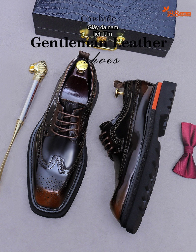 Giày Tây Brogue Nam Da Bóng Chiều Cao Đế Khoảng 4cm Màu Đen, Nâu chi tiết 1
