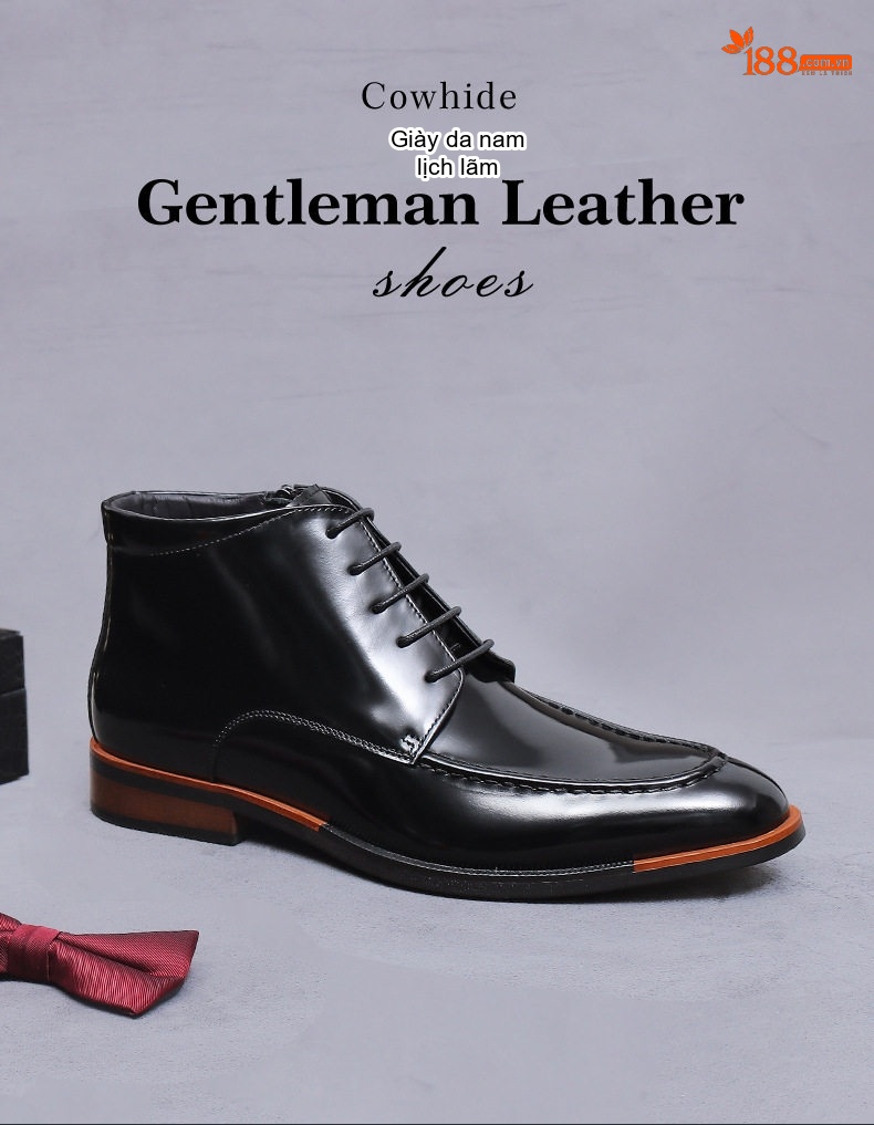 Giày Boot Nam Cổ Cao Da Bóng Mũi Nhọn Có Khóa Kéo Chiều Cao Đế Khoảng 3cm Màu Đen chi tiết 1
