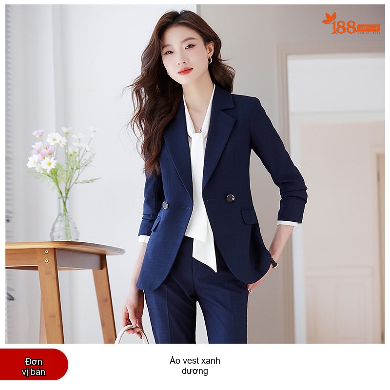 Bộ Vest Nữ Công Sở Quần Áo Dài Tay Phong Cách Hàn Quốc Màu Đen, Xanh Navy