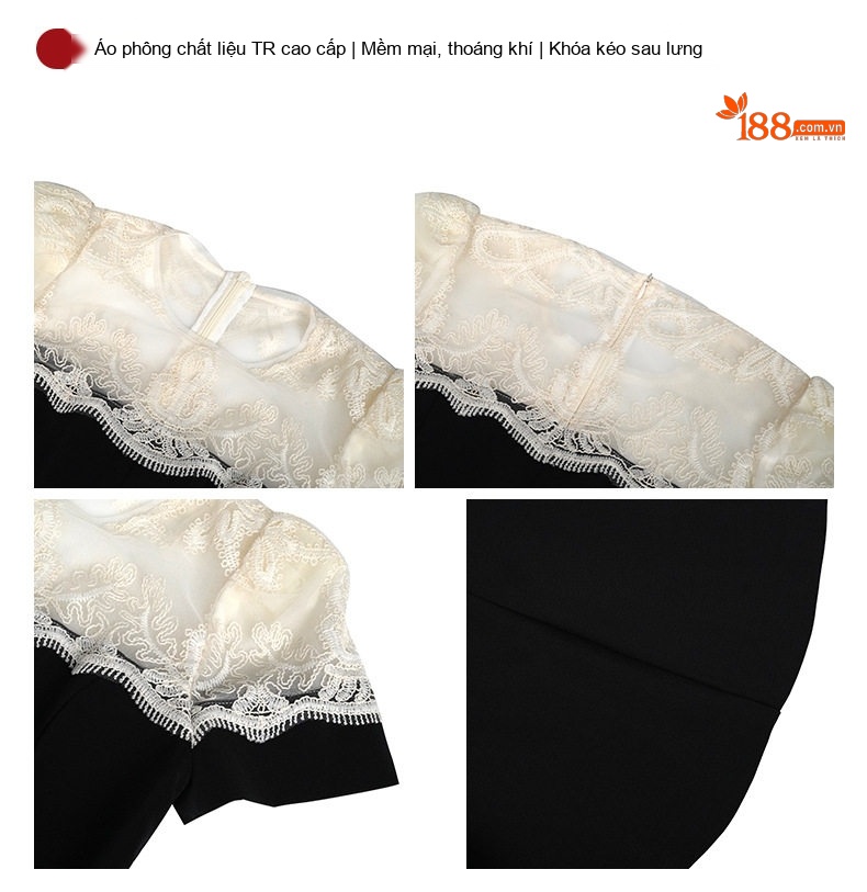 Áo Kiểu Nữ Tay Ngắn Cổ Tròn Phối Ren Eo Ôm Dáng Peplum Màu Đen, Trắng chi tiết 4