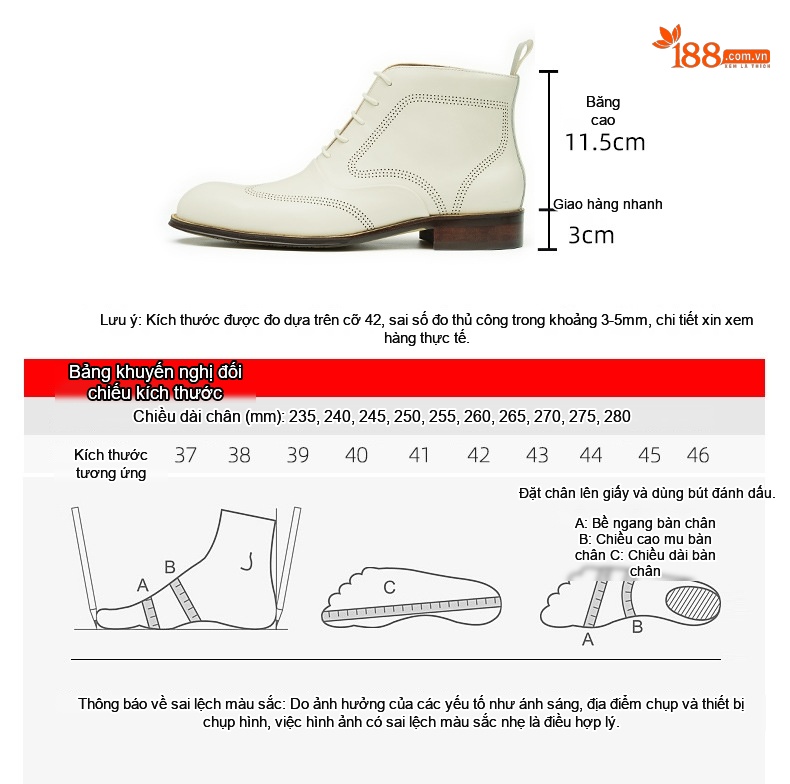 Giày Martin Cổ Cao Nam Da Bò Công Sở Chiều Cao Đế Khoảng 3cm Màu Trắng chi tiết 6