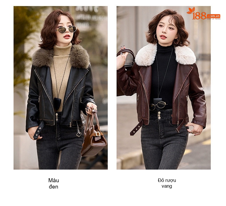 Áo Khoác Da PU Nữ Lót Lông Cổ Lông Dày Dặn Kiểu Motor Màu Đen, Nâu chi tiết 17