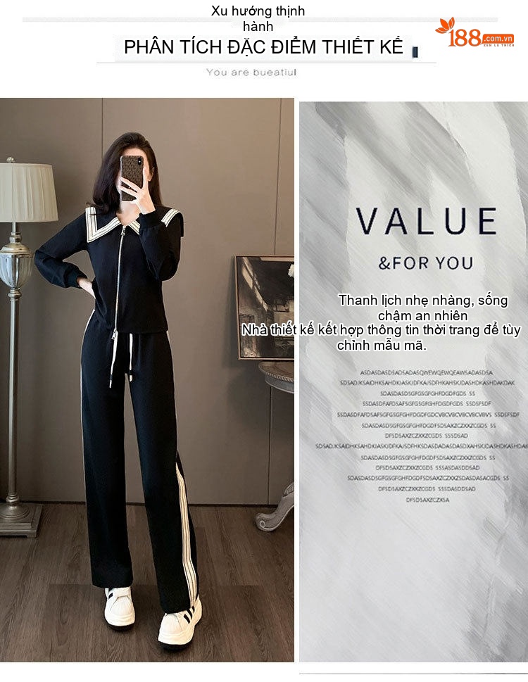 Bộ Đồ Nữ Áo Khoác Dáng Rộng Quần Ống Rộng Dây Rút Thể Thao Phong Cách Thời Trang Màu Đen chi tiết 5