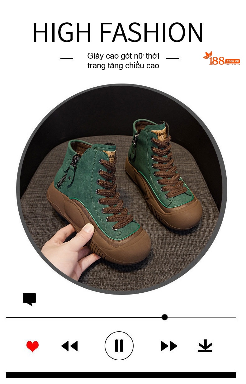 Giày Boot Nữ Cổ Cao Dây Buộc Phong Cách Retro Chiều Cao Đế Khoảng 4cm Màu Vàng, Xanh Lá, Nâu, Đen... chi tiết 6
