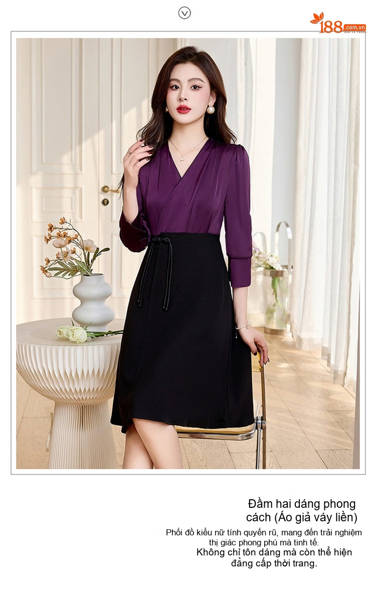 Váy liền thân Nữ Cổ chữ V Trung Dài Tay Thiết Kế Thắt Eo Tôn Dáng Thoáng Khí Màu Đen, Đỏ, Tím, Be chi tiết 3