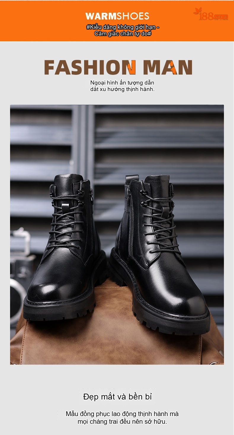 Boot Martin Nam Da Bò Lót Lông Cừu Chiều Cao Đế Khoảng 4cm Màu Đen chi tiết 3