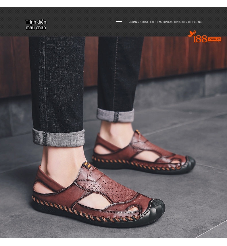 Dép Sandal Nam Da Bóng Mềm Mại Thoáng Khí Chống Trượt Đế Cao 2cm chi tiết 27