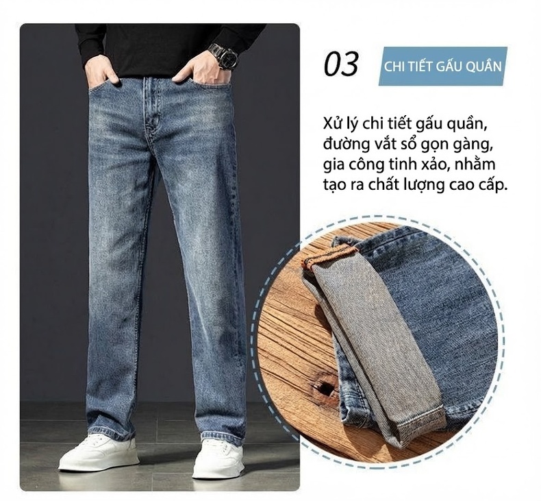 Quần Jean Nam Cotton Co Giãn Dáng Suông Rộng Thoải Mái Màu Xanh chi tiết 19