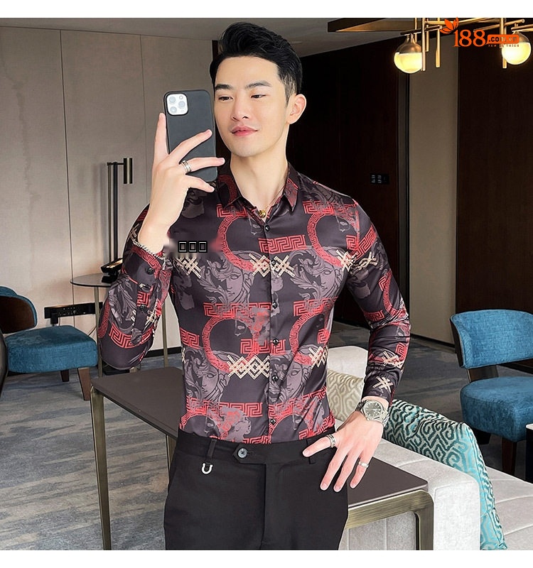 Áo Sơ Mi Nam Tay Dài Họa Tiết Hoa Văn Phong Cách Retro Màu Đen, Đỏ, Xám, Xanh Lá chi tiết 33