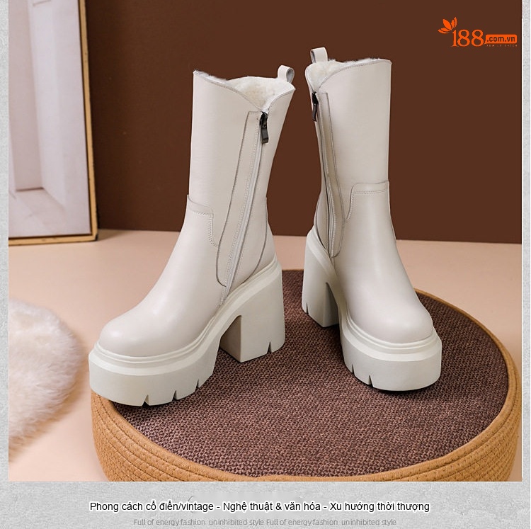 Boot Martin Nữ Da Thật Đế Cao 12cm Phong Cách Anh Quốc Màu Đen, Trắng chi tiết 9