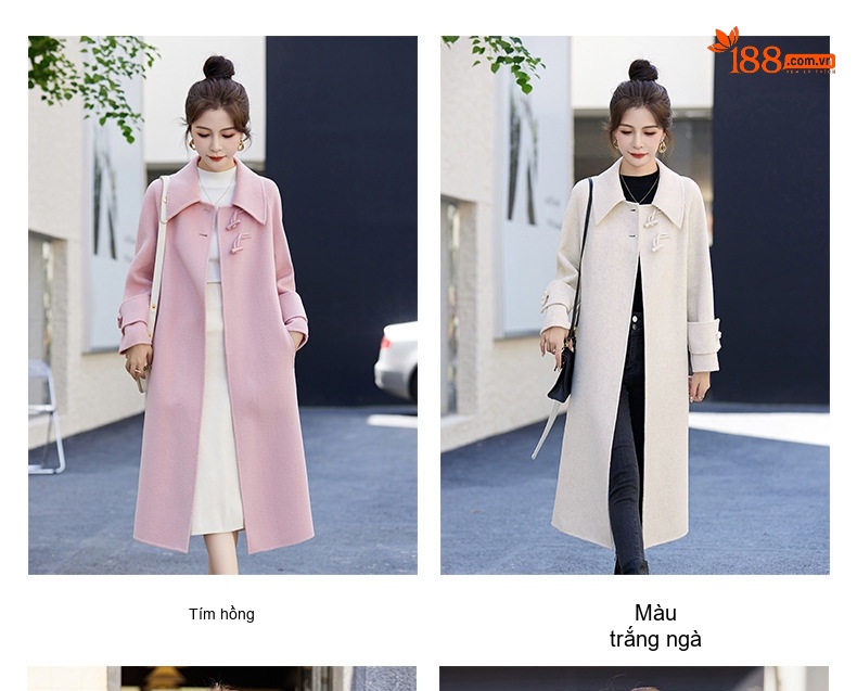 Áo Khoác Dạ Nữ Dáng Dài Vừa Thu Đông 2023 Phong Cách Hepburn Thắt Eo Khuy Cài Màu Be, Xanh, Hồng, Nâu chi tiết 14